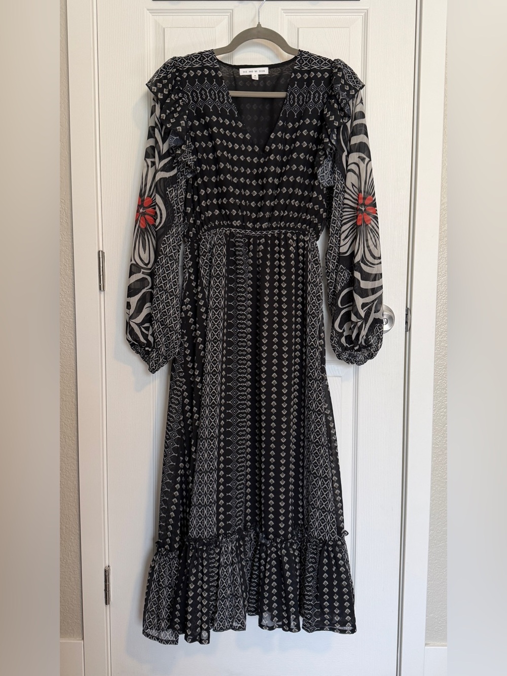 See and Be Seen Boho Mixed Geometric Print Sheer Sleeve Maxi Dress Size M - Picture 2 of 10